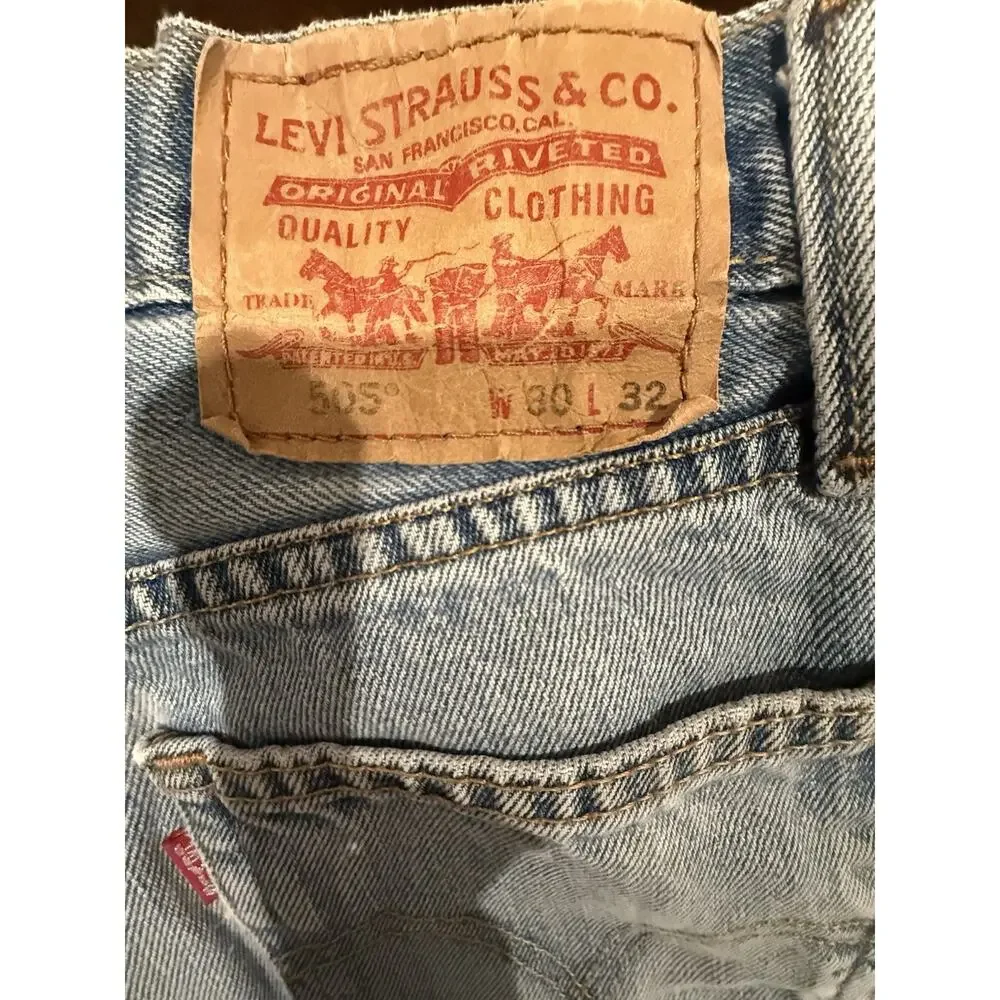 Levis 505 Mens 30x32 Light Wash Blue Denim Jeans Straight Fit Red Tab